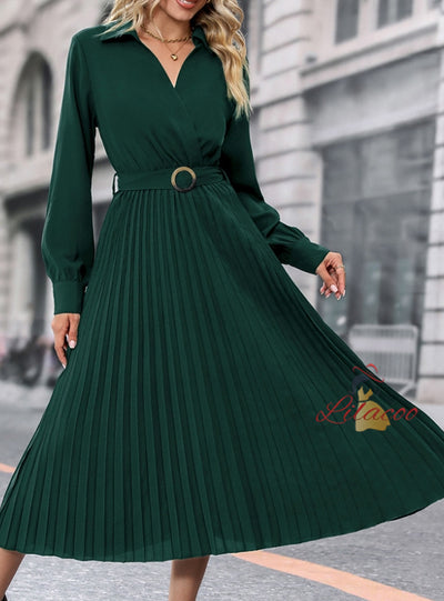 Long Sleeve V-neck Pleats Long Dress