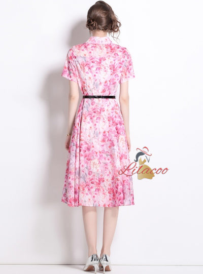 Printed Silm Waist Shirt Dress with Belt