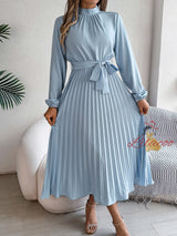 High Neck Long Sleeve Pleated Dress