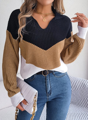 Leisure Lapel Contrast Color Long Sleeve Sweater