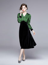 Retro Long-sleeved Printed V-neck Beaded Velvet Dress