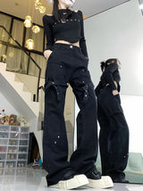 Black Bell Slim Straight Overalls Pant Jeans