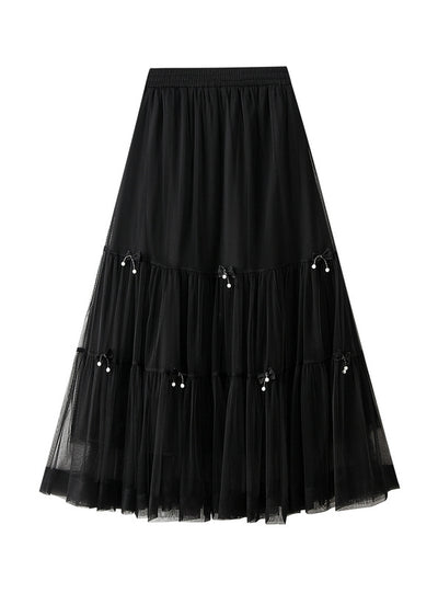 Bow Mesh Cake Elastic Waist Skirt