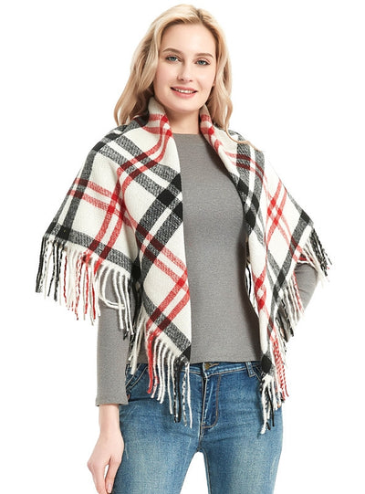 Fringed Square Scarf Black and White Plaid Shawl