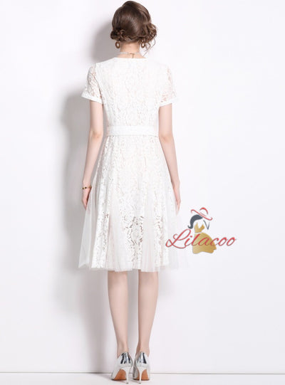 Lace Stitching Mesh Button V-neck Dress