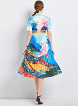 Print Pleats Short Sleeve Dress