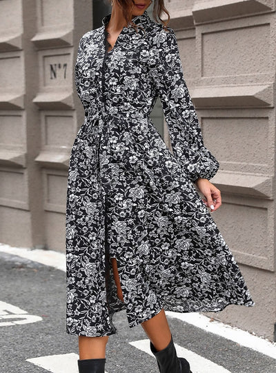 Lace Stitching Printed Long Sleeve Dress