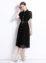 Lapel Crocheted Openwork Lace Dress