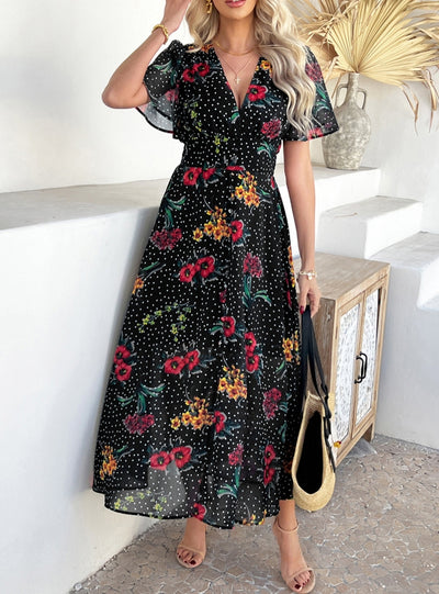 Bohemian Deep V Chiffon Printed Short Sleeve Dress