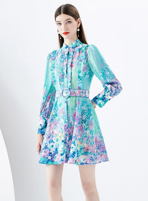 Long Sleeve Short Ruffled Printed Dress