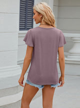 Solid Color Pleated V-neck Short Sleeve T-shirt