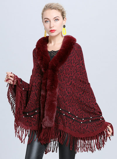 Imitation Fox Fur Collar Leopard Beaded Tassel Knitted Shawl