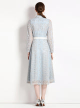 Lace Lapel Long Sleeve Dress