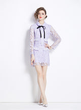 Purple Stitching Lace Top+Skirt Two-piece Suit