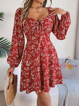 Sexy Square Collar Floral Long Sleeve Dress