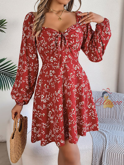 Sexy Square Collar Floral Long Sleeve Dress