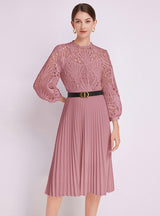 Lace Crocheted Openwork Pleated Dress with Belt