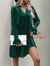 Long-sleeved V-neck Solid Color Velvet Dress