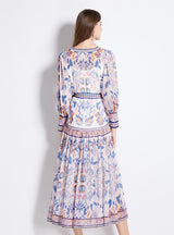 Chiffon V-neck Lantern Sleeve Printed Dress