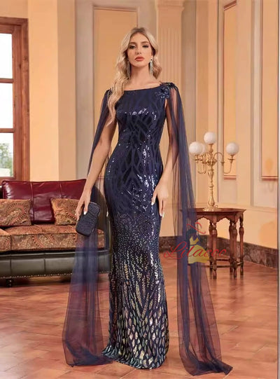 Navy Blue Mermaid Sequins Backless Prom Dress