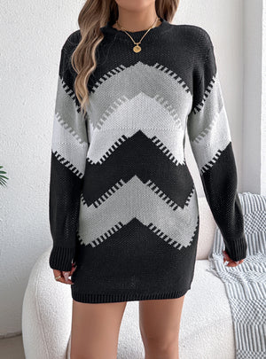 Leisure Color Matching Lantern Sleeve Sweater Dress