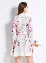 Floral National Stand-up Collar Lantern Sleeve Printed Dress