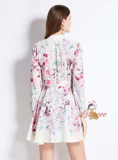 Floral National Stand-up Collar Lantern Sleeve Printed Dress