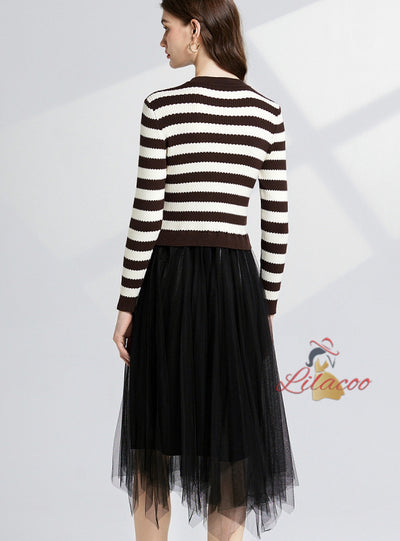 Three-dimensional Flower Round Neck Striped Contrast Dress