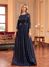 Navy Blue Sequins Short Sleeve Prom Dress