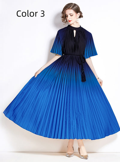 Fashion Gradient Print Pleated Long Dress