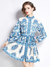 Retro Printed Long Sleeve Stand-up Slim Dress