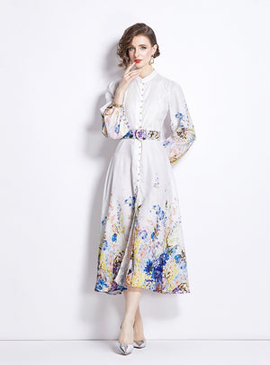 Retro Standing Lantern Sleeve Printed Long Sleeve Dress