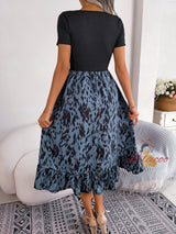 Casual Leopard Lotus Leaf Long Dress