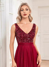 Burgundy Sequins V-neck Hi Lo Party Dress