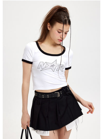 Short Letter Rhinestone Short Sleeve T-shirt