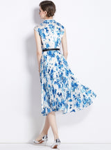 Polo Neck Sleeveless Porcelain Printed Dress