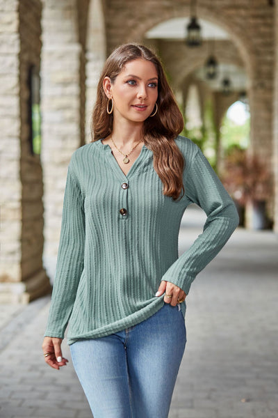 Casual V-neck Button Knitted Twist Long Sleeve T-shirt