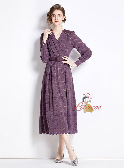 Purple Long Sleeve V-neck Lace Dress