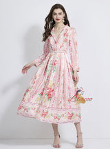 Holiday Floral Print Long Sleeve Long Dress