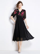 Retro Slim V-neck Print Short Sleeve Dress