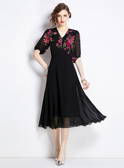 Retro Slim V-neck Print Short Sleeve Dress