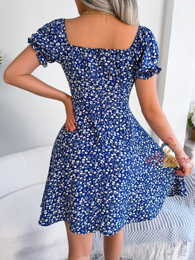 Casual Trumpet Sleeve Drawstring Floral Dress