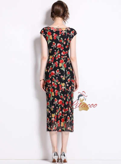 Retro Fishtail Print Medium Long Dress