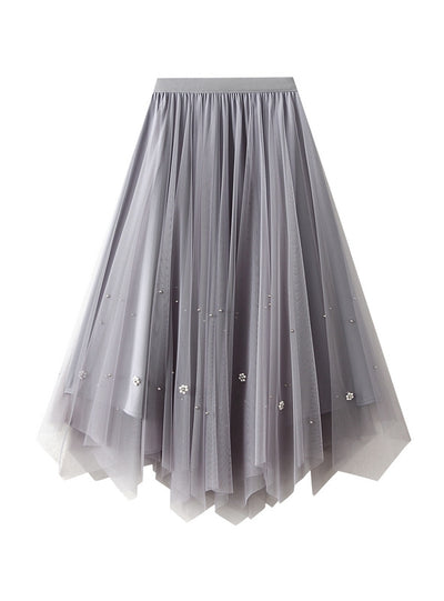 High Waist Slim Irregular Pleated Beaded Gauze Skirt