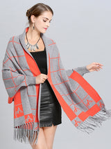 Plaid Tassel Long Knit Cardigan Shawl