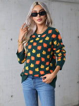 Leaves Print Christmas Crewneck Sweater