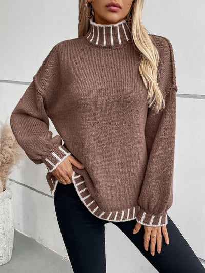 Women Striped High Neck Sweater