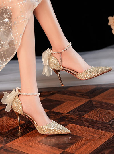 Pointed Shallow Sequined Stiletto Heels