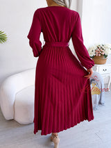 Cross V-neck Pleated Long Sleeve Dress