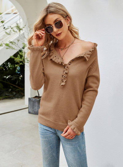 Pullover Button Round Neck Wood Ear Sweater